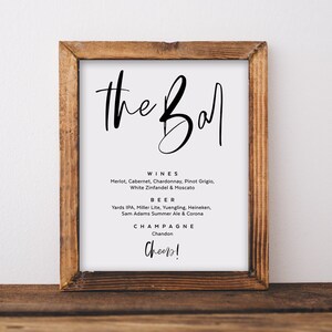 The Bar Drinks Menu Sign, Modern Script, Black & White, Party Decor, 100% Editable Text, Printable Template, Instant Download 5x7, 8x10 T004