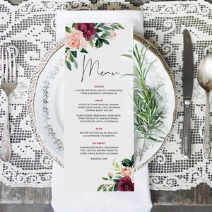 Plantilla de menú de boda, Longitud de té largo, Día de las gallinas, Despedida de soltera, Boho, 3.75x9", 90x228 mm, Plantilla editable, Descarga instantánea, NASH01