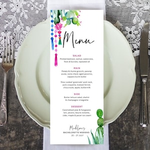 Plantilla de menú de cena, decoración de platos de fiesta, fiesta final, cactus, desierto, tema mexicano, pompón, editable en Templett, descarga instantánea, CAC05