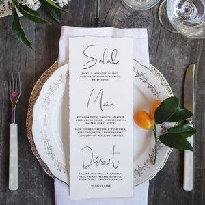 Hochzeit Menü Printable, Dinner Card Template, lange Tee-Länge, moderne Schrift, rustikaler Schriftzug, bearbeitbar in Templett, Instant Download T003