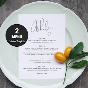 Modelo para impressão de cartão de menu de jantar, editar nome do convidado, script moderno, 5x7, 3,75x9, comprimento longo, editável em Templett, download instantâneo T003