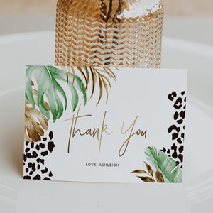 Tarjeta de agradecimiento, temática tropical, jungla, hojas, estampado de leopardo, guepardo, safari, 3,5 x 5 pulgadas, plantilla editable, descarga instantánea, TROP07