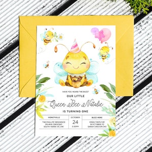 Kleine honing verjaardagsfeestje uitnodiging, Queen Bee, 1e Bee Day, Hunny, Bumble Bee, bewerkbare sjabloon met Templett, Instant Download BEE01