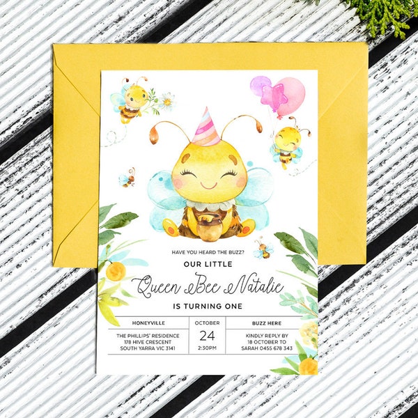 Little Honey Birthday Party Invitation, Queen Bee, 1st Bee Day, Hunny, Bumble Bee, Editable Template with Templett, Instant Download BEE01