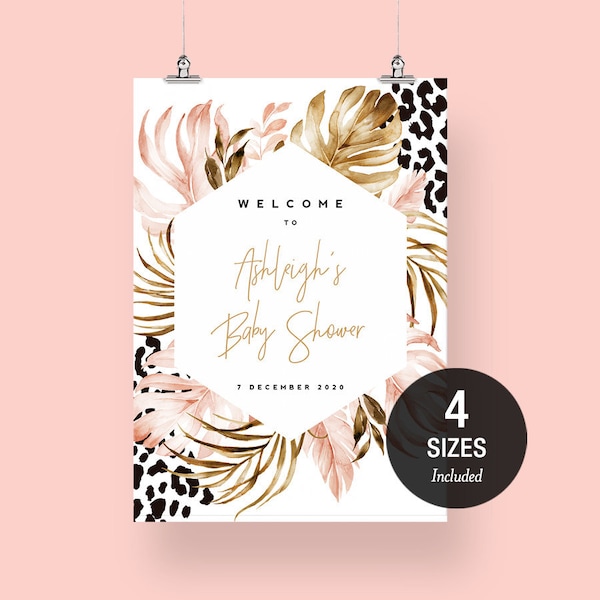 Welcome Sign, Baby Shower, Birthday Party, Safari, Leopard, Animal Print, Editable Template, Instant Download 18x24, 24x36, A2, A1 TROP07