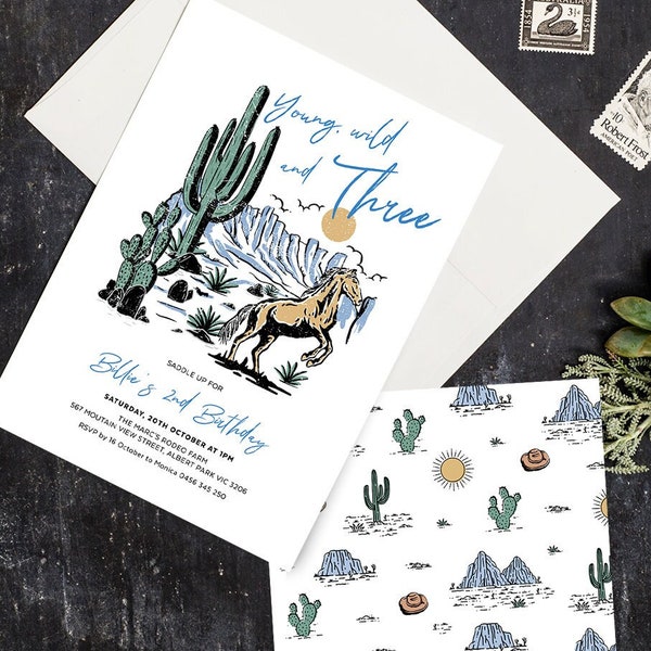 Young Wild And Three Invitation, Boy Birthday Invite, Wild West, Brown Horse, Pony, My First Rodeo, Rustic Cowboy, Editable Template, WILD01