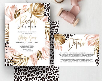Bridal Shower Invitation, Lets Get Wild, Cheetah Print, Tropical, Jungle Theme, Palm Leaf, DIY, Editable Template, Instant Download, TROP07