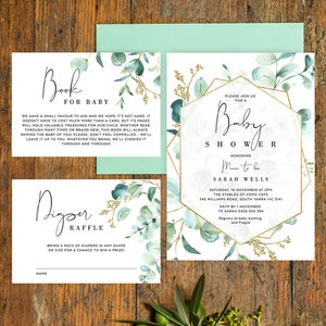 Baby shower uitnodiging met Bring a Book Card, luierloterij, groen eucalyptus, genderneutraal, set van 3 bundel, instant download G008