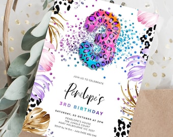 3rd Birthday Invitation, Leopard Rainbow Balloon, Cheetah Print, Party Animals, Safari, Confetti, 3 Years Old, Editable Template, LEOP02