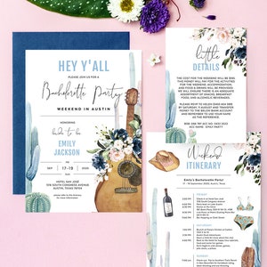 Bachelorette Invitation with Itinerary Template, Austin, Texas, Music City, Jazz, Country, Guitar, Bridal Shower, Printable Download, TEX01