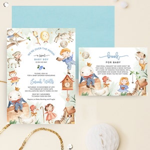 Verhaaltijd, babyshoweruitnodiging en boekverzoekdetails kaart, kinderprentenboek, kinderliedje, sjabloon, instant download blauw NRHY01