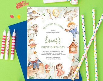 May include: A blue and white invitation card with a watercolor illustration of animals and a clock. The text on the card reads "We're over the moon! Please join us to celebrate Lucas's First Birthday. Saturday, 10 November at 2PM. The Stables of Como Cafe. 345 Williams Rd, South Yarra VIC 3141. RSVP by 1 November to Sarah 0455 654 394."