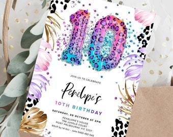 10th Birthday Invitation, Cheetah Party, Jungle, Safari, Glitter Birthday Party, Rainbow Leopard, Ten Year Old, Editable Template, LEOP02