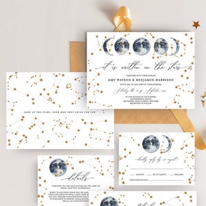 We Do Wedding Invitation Set, Celestial Theme, It&#39;s Written in the Stars, Moon Phases, Space, Editable Template Instant Download, CEL01 Navy