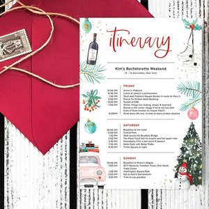 Peut inclure: Une illustration aquarelle d'un itinéraire de week-end de bachelorette sur le thème de Noël à New York. L'itinéraire comprend des activités pour le vendredi, le samedi et le dimanche, avec des détails sur l'heure et le lieu de chaque événement. L'illustration présente une bouteille de vin, une boule de Noël, un bonhomme de neige et une voiture rose.