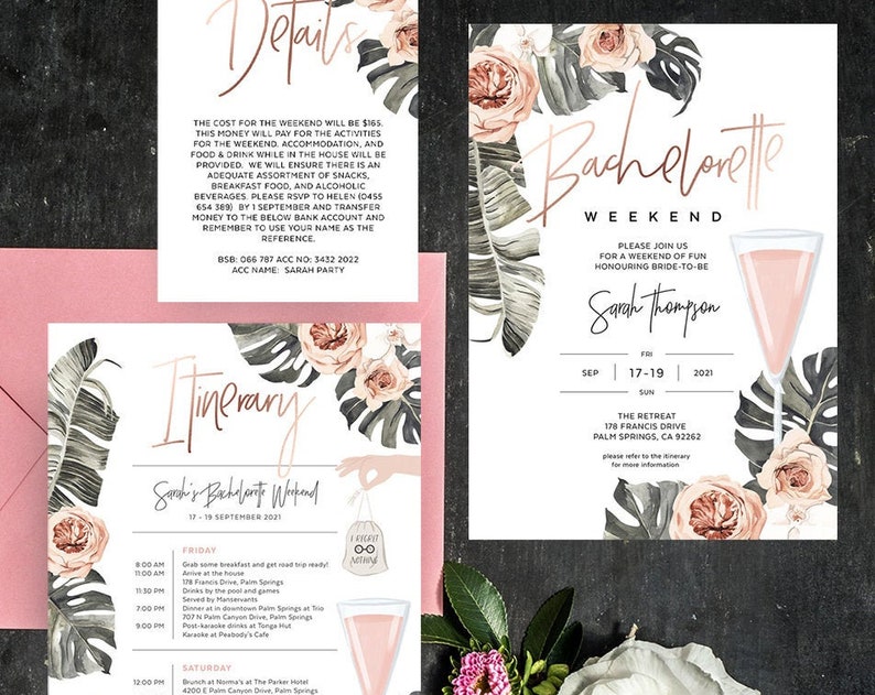Tropical Bachelorette Invitation Girls Trip Itinerary Beach Theme Palms Miami Charleston Editable Template Instant Download