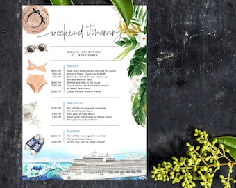 Könnte beinhalten: Ein Wochenend-Reiseplan für eine 40. Geburtstagsfeier in Miami, Florida. Der Reiseplan beinhaltet Aktivitäten wie Brunch, Poolpartys und ein schickes Abendessen. Das Design zeigt einen Aquarellhintergrund mit tropischen Pflanzen und einem Kreuzfahrtschiff.