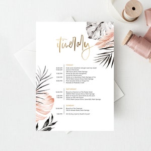 Bachelorette Itinerary Template Instant Download, Hen, Birthday Weekend, Wedding, Tropical Palm Leaf, Blush, Black, Gold, Editable TROP08
