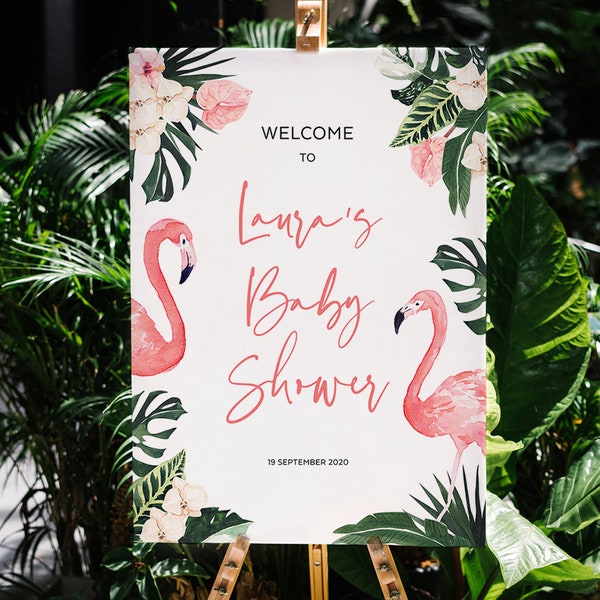 Flamingo Welcome Sign, Tropical Theme, Beach, Large Poster, Birthday Signage, Baby Shower, Editable Template, 18x24, 24x36, A2, A1, FLAM01