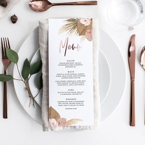 Menú de brunch de cena de longitud larga, 3,75x9", plantilla editable, hoja de palma rústica seca, hierba de pampa, playa tropical boho, oro rosa GRASS02