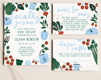 Locally Grown Baby Shower Invite, Farmer's Market Baby Shower Invitation, Home Grown, Vegetables Fruit, Printable, Editable Template, HG01