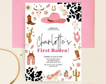 Cowgirl Birthday Invitation, First Rodeo Party Invite, Rustic Country, Wild West Theme Decor, DIY Editable Template, Instant Download NASH02