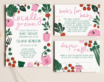 Locally Grown Baby Shower Invite, Farmer's Market Baby Shower Invitation, It's A Girl, Organic Vegetables And Fruit, Editable Template, HG01