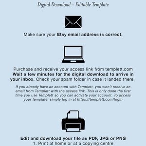 Op de afbeelding: Een digitale downloadgids getiteld "HOE HET WERKT" met instructies voor een bewerkbare sjabloon. De gids bevat stappen voor Etsy e-mailverificatie, toegang tot de downloadlink en opties voor het bewerken van bestanden zoals PDF, JPG of PNG.