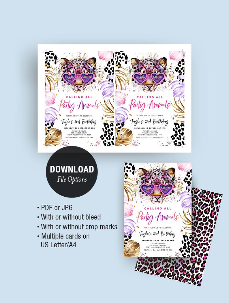 Calling All Party Animal Birthday Invitation, Leopard Print, Jungle Theme, Safari Party, Girl Invite, Any Age, Editable Template, LEOP01 image 3