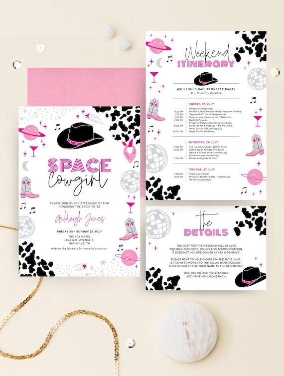 Space Cowgirl Invitation, Nashville Bachelorette, Western, Country, Retro, Disco, Cowboy Party, Itinerary Template, Instant Download, NASH03