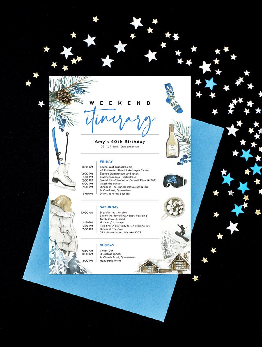 Aspen Birthday Itinerary Template, Ski Trip, Colorado Weekend, Mountain,  Schedule, Agenda, Hen Party, Bachelorette, Instant Download, SNOW21 Intended For Party Agenda Template