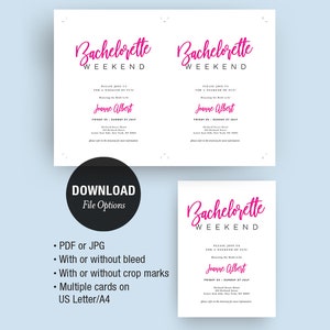 Op de afbeelding: Uitnodiging voor een vrijgezellenweekend in roze script op wit papier. De uitnodiging bevat details voor een leuk weekend, de naam van de bruid en de datum. Downloadopties: PDF of JPG, met of zonder afloop, meerdere kaarten op US Letter/A4.