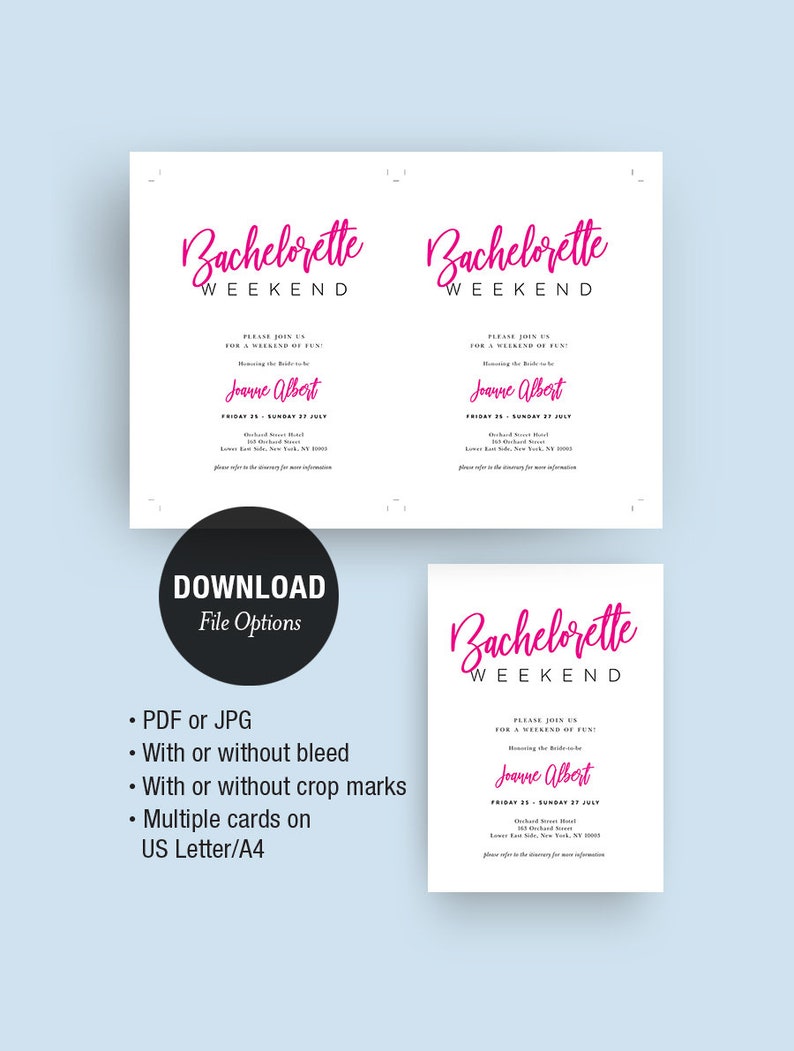 Op de afbeelding: Uitnodiging voor een vrijgezellenweekend in roze script op wit papier. De uitnodiging bevat details voor een leuk weekend, de naam van de bruid en de datum. Downloadopties: PDF of JPG, met of zonder afloop, meerdere kaarten op US Letter/A4.