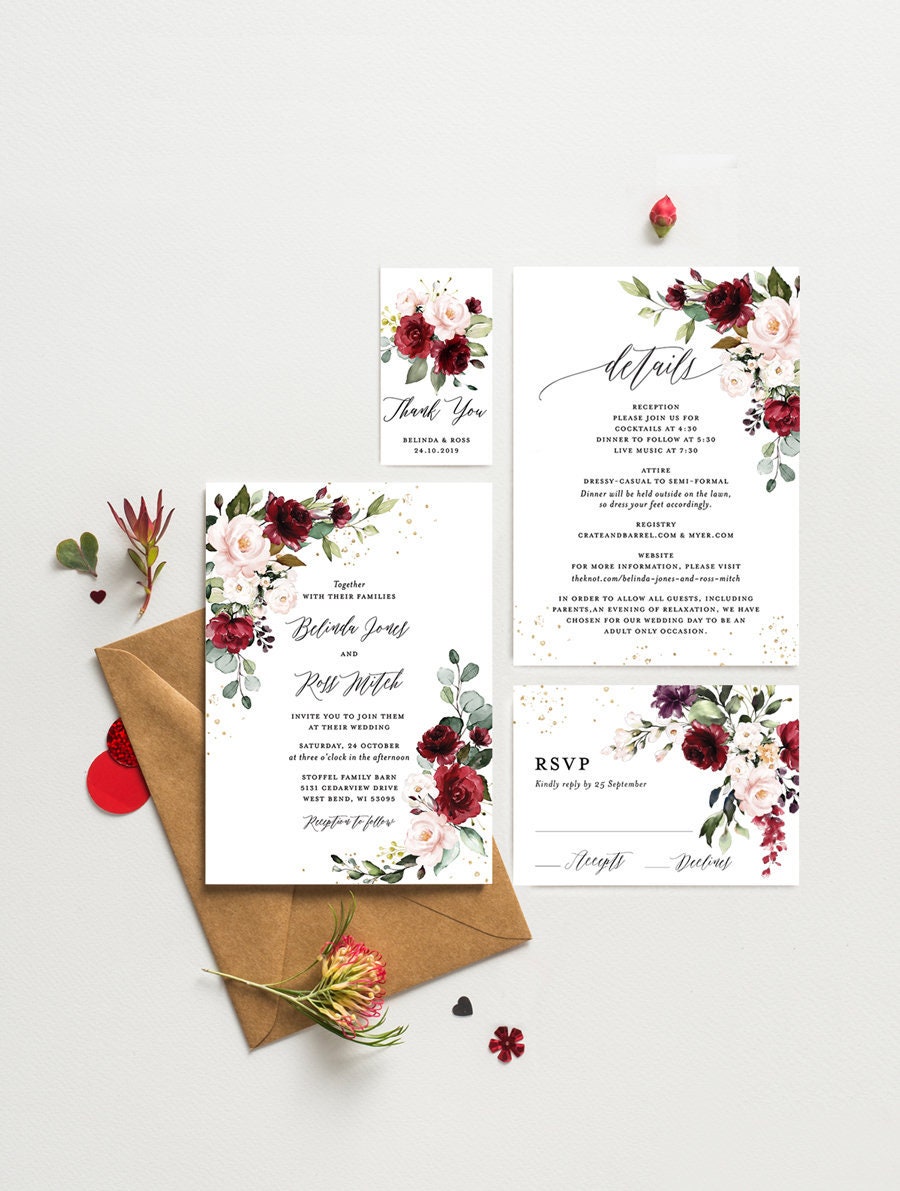 Wedding Invitation Printable Template, RSVP, Details Insert, Burgundy and  Blush Flora, Boho Floral Merlot, Instant Download, 7 Files, F001 - Etsy