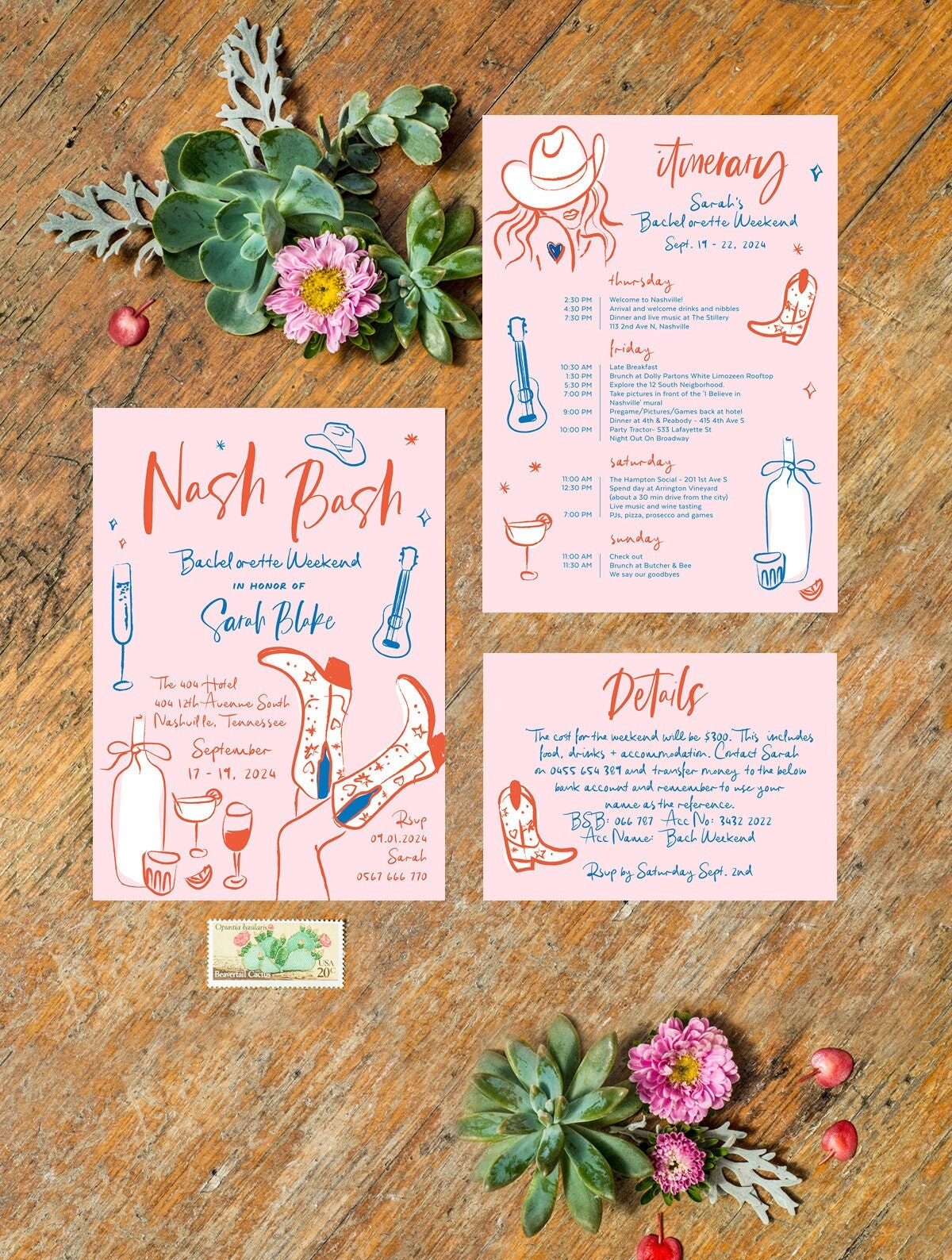 Nashville Bachelorette Einladung mit Reiseplaner, Nash Bash, Country, Cowgirl Party, Handgezeichnete Illustration, DOD04