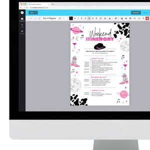Puede incluir: Un itinerario de despedida de soltera imprimible con un fondo de estampado de vaca negro y rosa. El itinerario incluye una lista de actividades para el viernes, el s&aacute;bado y el domingo. El texto dice "Weekend Itinerary" y "Ashleigh's Bachelorette Party 25-27 July Nashville".