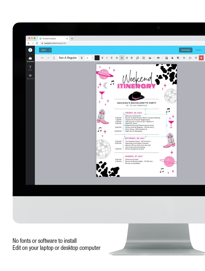 Puede incluir: Un itinerario de despedida de soltera imprimible con un fondo de estampado de vaca negro y rosa. El itinerario incluye una lista de actividades para el viernes, el s&aacute;bado y el domingo. El texto dice "Weekend Itinerary" y "Ashleigh's Bachelorette Party 25-27 July Nashville".