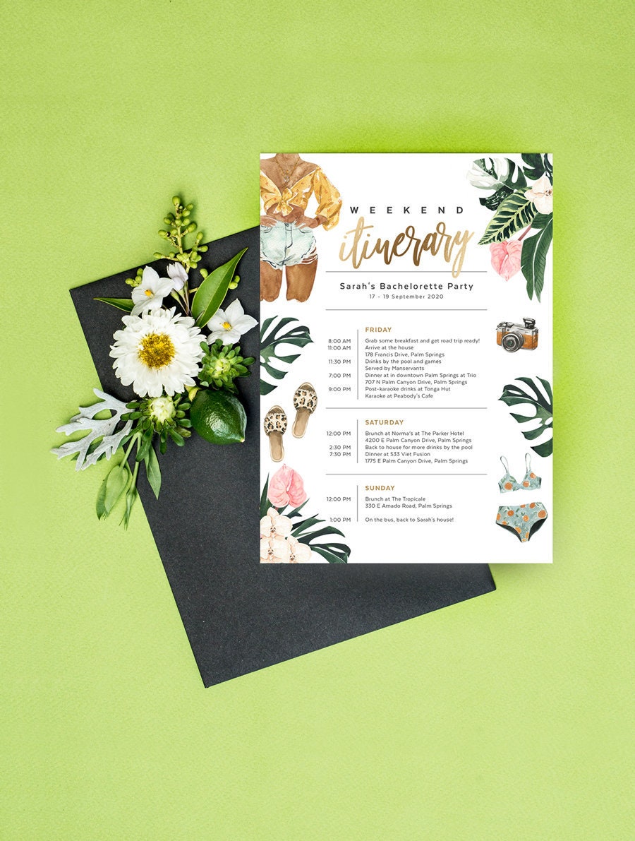 Bachelorette Itinerary, Editable Template, Hen Weekend, Birthday, Wed…