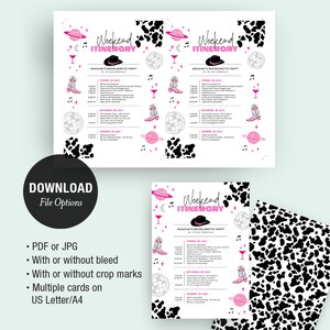 Puede incluir: Plantilla de itinerario de fin de semana imprimible con fondo de estampado de vaca. El texto dice "Weekend Itinerary" y "Ashleigh's Bachelorette Party".