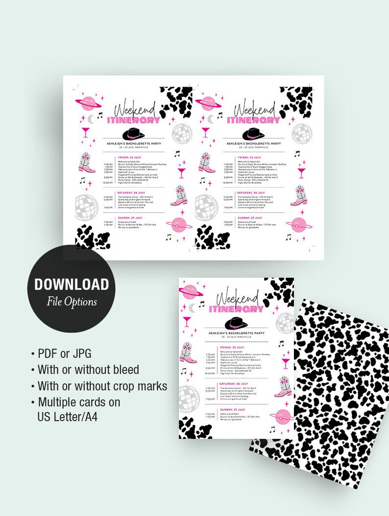 Puede incluir: Plantilla de itinerario de fin de semana imprimible con fondo de estampado de vaca. El texto dice "Weekend Itinerary" y "Ashleigh's Bachelorette Party".