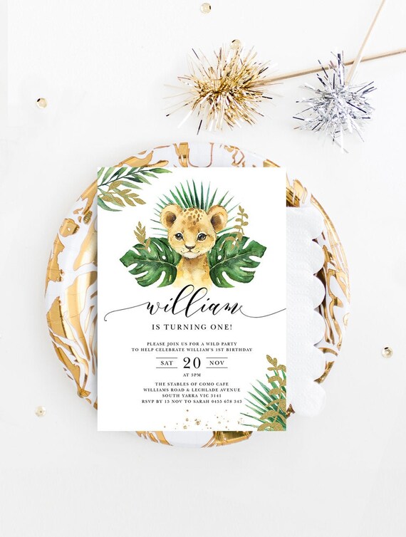 Lion King Birthday Invitation, Jungle, Safari, Zoo Animal Party Invite, First Birthday, Boy, Girl, Nala, Simba, Editable Template, JUNG01