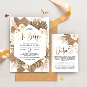 Lámina de oro, Tarjeta de invitación Oh Baby Shower, Hierba de pampa seca, Boho, Hojas rústicas, Niño niña, Plantilla editable, Descarga instantánea GRASS02W