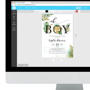 May include: A baby shower invitation with a jungle theme. The invitation features a lion cub peeking out of a circle of green leaves and gold glitter. The text on the invitation reads "Oh Boy!" and includes the name "Taylor Harrison", the date "Sat 20 Nov", and the time "4:00 PM".