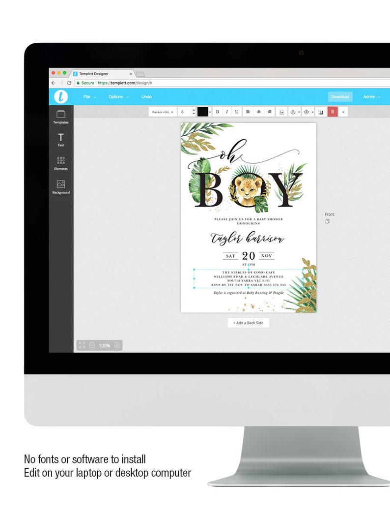 May include: A baby shower invitation with a jungle theme. The invitation features a lion cub peeking out of a circle of green leaves and gold glitter. The text on the invitation reads "Oh Boy!" and includes the name "Taylor Harrison", the date "Sat 20 Nov", and the time "4:00 PM".