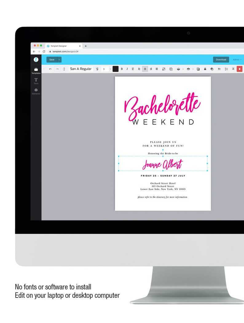 Op de afbeelding: Een computerscherm toont een sjabloon voor een uitnodiging voor een vrijgezellenweekend. De uitnodiging bevat de tekst "Bachelorette Weekend" in roze, met details voor Joanne Alberts viering.