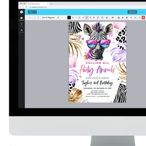 May include: A colourful party invitation featuring a zebra wearing sunglasses with the text "Calling All Party Animals" and "Taylor's 2nd Birthday".