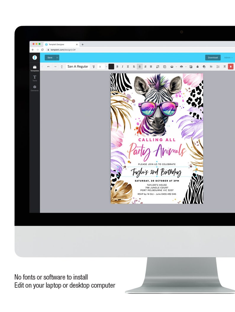 May include: A colourful party invitation featuring a zebra wearing sunglasses with the text "Calling All Party Animals" and "Taylor's 2nd Birthday".