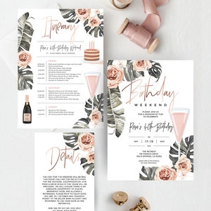 Invito per il 21° compleanno, Itinerario del fine settimana, Tema spiaggia, Palme, Tropicale, 30°, 40°, Vino, Modello modificabile, Download digitale, TROP11