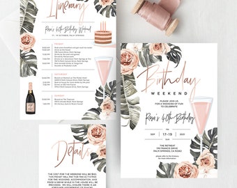 May include: A tropical-themed birthday weekend invitation with pink and green floral designs. The invitation includes a detailed itinerary for the weekend, including a brunch at The Tropic, drinks by the pool, and a birthday party. The invitation also includes details for the cost of the weekend and bank account information for payment.