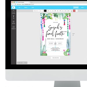 May include: A digital template for a bridal shower invitation with a watercolor cactus design. The text reads "Join us for Sarah's final fiesta Bridal Shower Saturday, July 27, 4:00 PM Now & Then Cafe 204 High St, Kew VIC RSVP by 20 July to Sarah 0455 678 543"